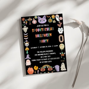 May include: A black Halloween party invitation with colorful illustrations of ghosts, pumpkins, and a smiling skull. The text reads "Join us for a Spooktacular Halloween Party" with the date, time, and location.