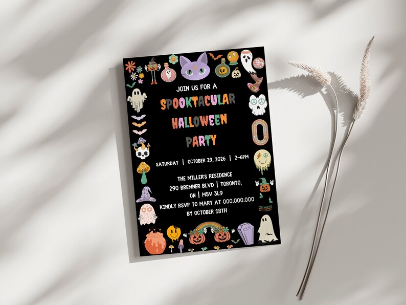 May include: A black Halloween party invitation with colorful illustrations of ghosts, pumpkins, and a smiling skull. The text reads "Join us for a Spooktacular Halloween Party" with the date, time, and location.