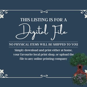 May include: Dark blue digital file listing with white text and decorative border. The text reads "THIS LISTING IS FOR A Digital File. NO PHYSICAL ITEMS WILL BE SHIPPED TO YOU." A tree illustration is in the bottom right corner.