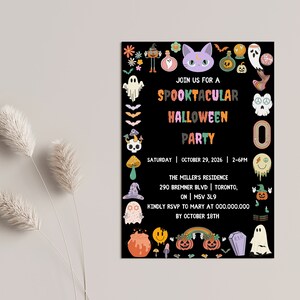 May include: A black Halloween party invitation with colorful illustrations of ghosts, pumpkins, and a cat. The text reads "Spooktacular Halloween Party" with the date, time, and location details. RSVP by October 18th.
