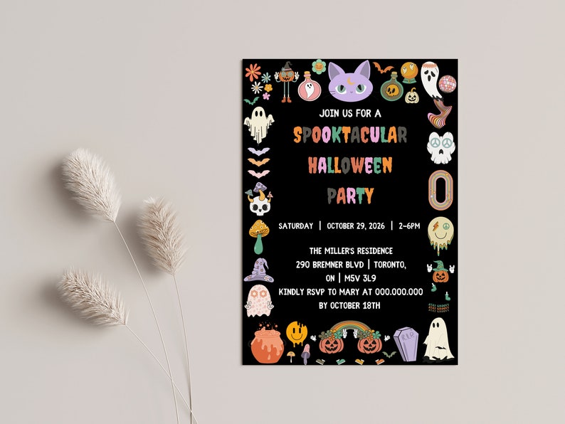 May include: A black Halloween party invitation with colorful illustrations of ghosts, pumpkins, and a cat. The text reads "Spooktacular Halloween Party" with the date, time, and location details. RSVP by October 18th.