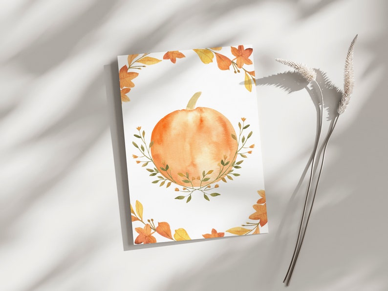 Printable Fall Pumpkin Greeting Card, DIGITAL DOWNLOAD, Halloween Card, Blank Greeting Card, Autumn Card, Fall Leaves Wreath, Teacher Gift image 3