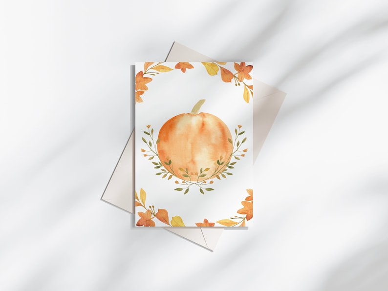 Printable Fall Pumpkin Greeting Card, DIGITAL DOWNLOAD, Halloween Card, Blank Greeting Card, Autumn Card, Fall Leaves Wreath, Teacher Gift image 1