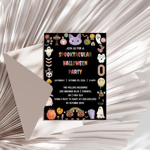 May include: A black Halloween party invitation with colorful cartoon graphics of ghosts, pumpkins, and cats. The text reads "Join us for a Spooktacular Halloween Party" with the date, time, and address.