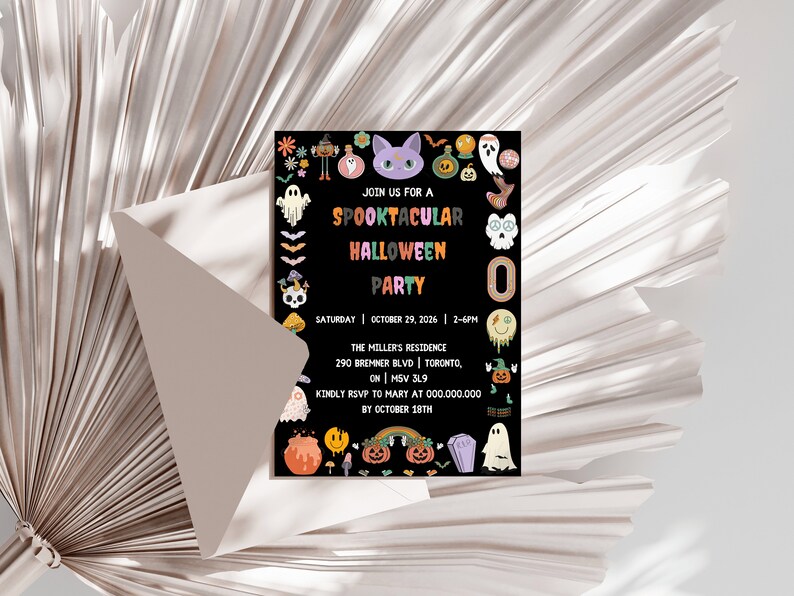 May include: A black Halloween party invitation with colorful cartoon graphics of ghosts, pumpkins, and cats. The text reads "Join us for a Spooktacular Halloween Party" with the date, time, and address.