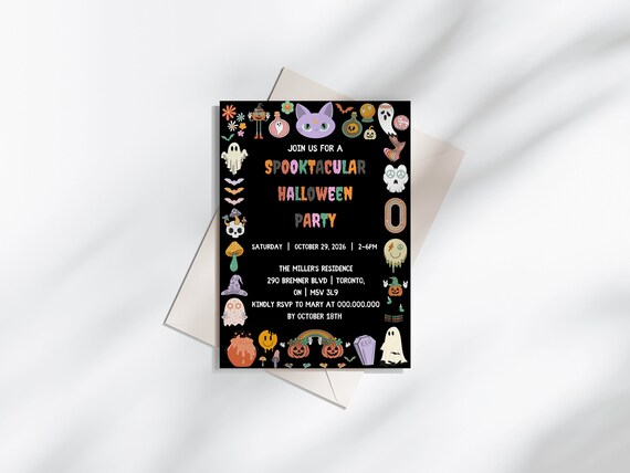 Editable Halloween Birthday Party Invitation, Spooky Halloween Invite,Pumpkin Mummy Ghost Halloween Birthday Party Invitation,Canva Template