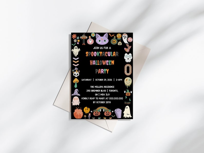 May include: A black Halloween party invitation with colorful illustrations of ghosts, pumpkins, and bats. The text reads "Join us for a Spooktacular Halloween Party" with the date, time, and location details.