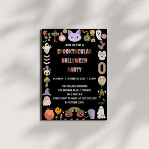 May include: A black Halloween party invitation with colorful illustrations of ghosts, pumpkins, and other spooky elements. The text reads "Join us for a Spooktacular Halloween Party" with the date, time, and location details.