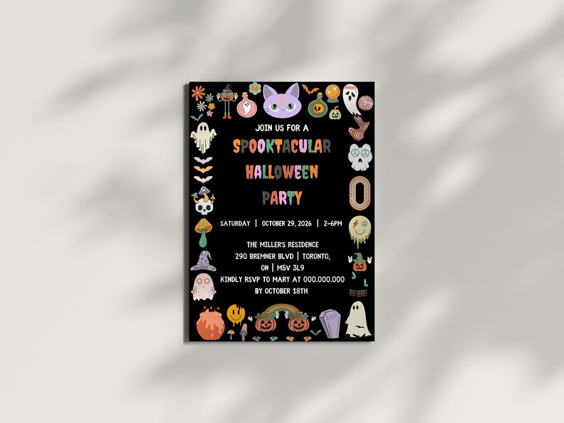 May include: A black Halloween party invitation with colorful illustrations of ghosts, pumpkins, and other spooky elements. The text reads "Join us for a Spooktacular Halloween Party" with the date, time, and location details.