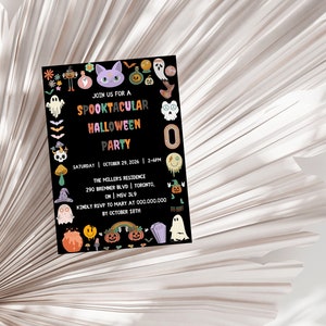 May include: A black Halloween party invitation with colorful illustrations of ghosts, pumpkins, and other spooky elements. The text reads "Join us for a Spooktacular Halloween Party" with the date, time, and location details.