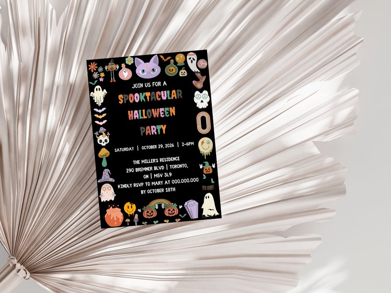 May include: A black Halloween party invitation with colorful illustrations of ghosts, pumpkins, and other spooky elements. The text reads "Join us for a Spooktacular Halloween Party" with the date, time, and location details.