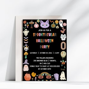 May include: A black Halloween party invitation with colorful illustrations of ghosts, pumpkins, and a cat. The text reads "Join us for a Spooktacular Halloween Party" with the date, time, and location.
