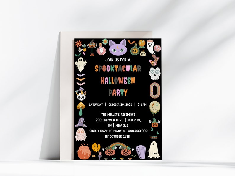 May include: A black Halloween party invitation with colorful illustrations of ghosts, pumpkins, and a cat. The text reads "Join us for a Spooktacular Halloween Party" with the date, time, and location.