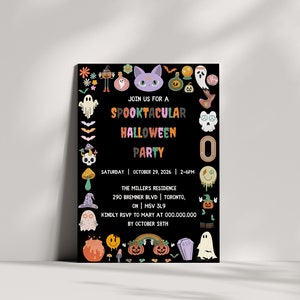 May include: A black Halloween party invitation with colorful cartoon illustrations of ghosts, pumpkins, and a cat. The text reads "Join us for a Spooktacular Halloween Party" with the date, time, and location.