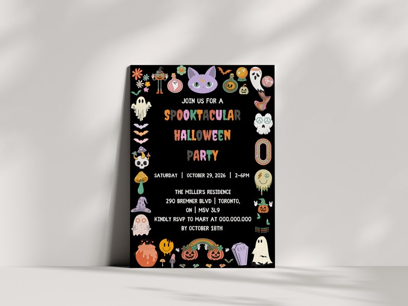 May include: A black Halloween party invitation with colorful cartoon illustrations of ghosts, pumpkins, and a cat. The text reads "Join us for a Spooktacular Halloween Party" with the date, time, and location.
