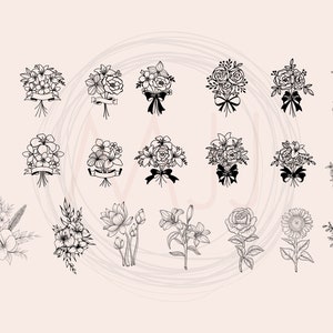 May include: A set of 20 black and white line drawings of various floral bouquets and individual flowers. The flowers are drawn in a simple, elegant style.