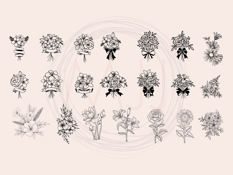 May include: A set of 20 black and white line drawings of various floral bouquets and individual flowers. The flowers are drawn in a simple, elegant style.