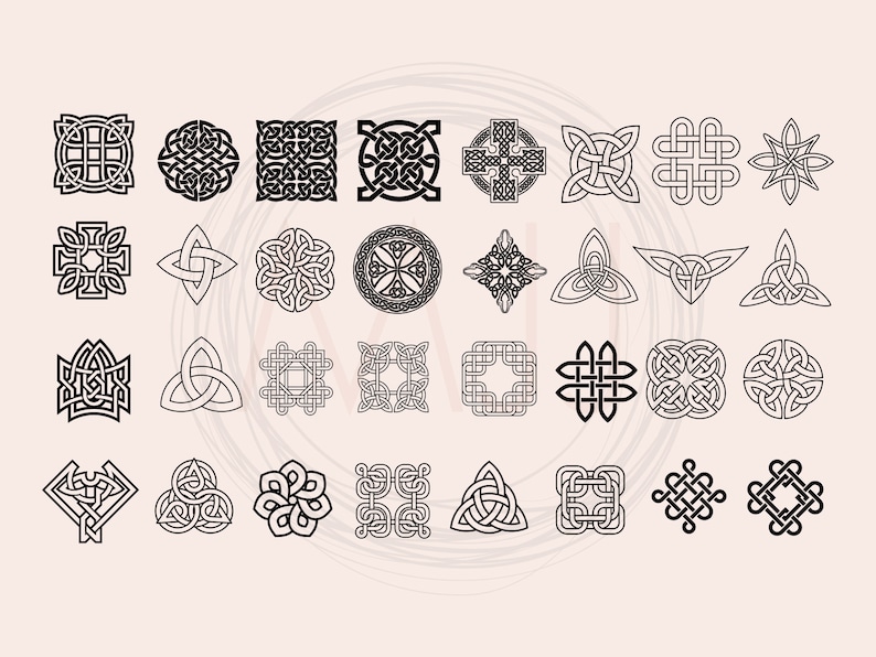 May include: A set of 30 black and white Celtic knot designs. The designs are intricate and detailed, and they would be perfect for use in a variety of projects, such as jewelry, tattoos, or home decor.
