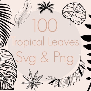 May include: A collection of 100 black and white tropical leaf illustrations. The leaves are drawn in a simple, stylized manner and are perfect for use in digital or print projects.  100 Tropical Leaves Svg & Png