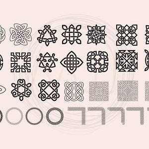 May include: A set of 28 black and white Celtic knot designs. The designs include circles, squares, triangles, and other geometric shapes. The knots are intricate and detailed, and they would be perfect for use in a variety of crafts and projects.