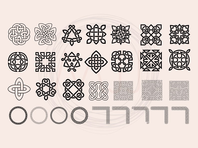 May include: A set of 28 black and white Celtic knot designs. The designs include circles, squares, triangles, and other geometric shapes. The knots are intricate and detailed, and they would be perfect for use in a variety of crafts and projects.
