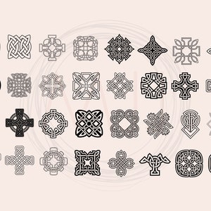 May include: A set of 36 black and white Celtic knot designs, including crosses, circles, and squares.
