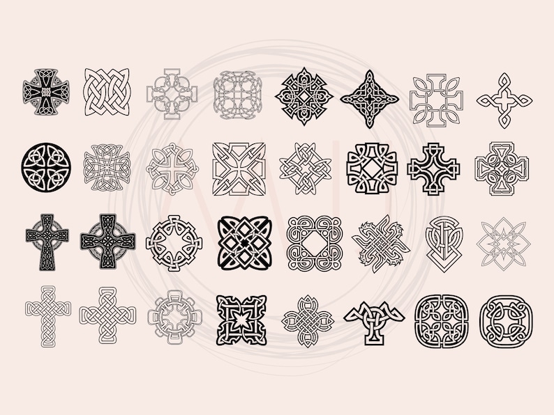 May include: A set of 36 black and white Celtic knot designs, including crosses, circles, and squares.