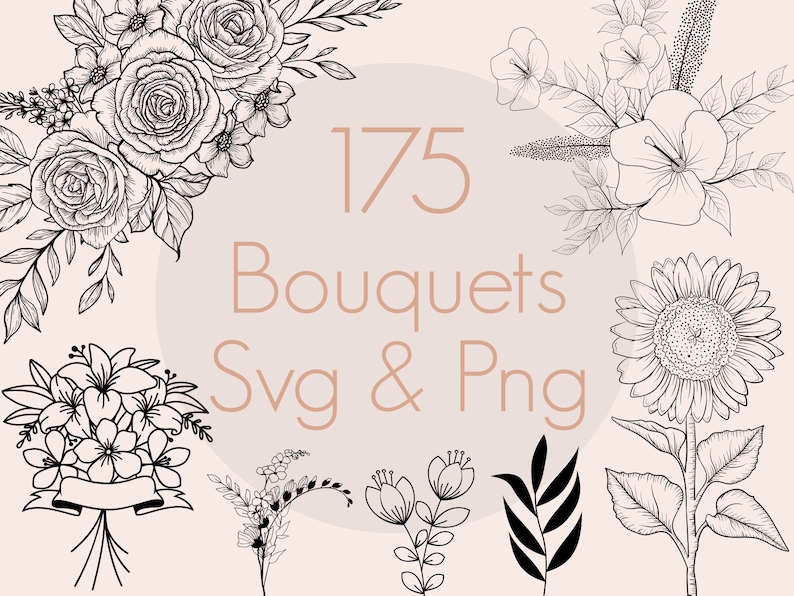 May include: A collection of 175 black and white line art bouquets, flowers, and floral arrangements in SVG and PNG format.