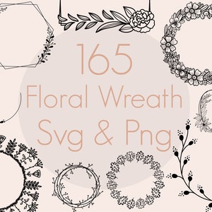 K&ouml;nnte beinhalten: Ein Set mit 165 floralen Kranz-SVG- und PNG-Dateien. Die Kr&auml;nze sind schwarzwei&szlig; und zeigen verschiedene florale Designs, darunter Kreise, Ovale und Sechsecke.