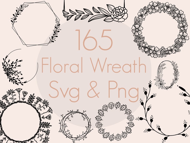 K&ouml;nnte beinhalten: Ein Set mit 165 floralen Kranz-SVG- und PNG-Dateien. Die Kr&auml;nze sind schwarzwei&szlig; und zeigen verschiedene florale Designs, darunter Kreise, Ovale und Sechsecke.