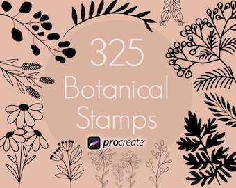 May include: A collection of 325 black and white botanical stamps for use with the Procreate app. The stamps feature a variety of flowers, leaves, and branches.