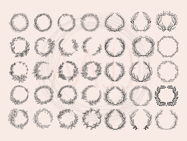 K&ouml;nnte beinhalten: Ein Set mit 36 handgezeichneten floralen Kr&auml;nzen in Schwarzwei&szlig;. Die Kr&auml;nze sind rund und zeigen verschiedene florale und Blattdesigns.