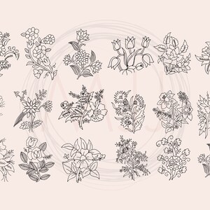 May include: A set of 18 black and white line drawings of various floral designs. The flowers are stylized and have a vintage feel.