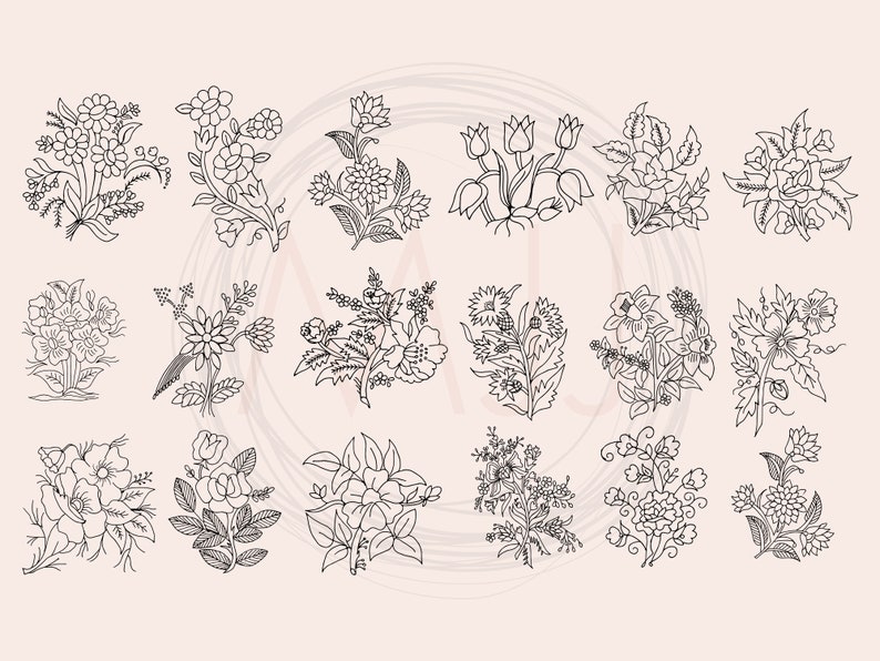 May include: A set of 18 black and white line drawings of various floral designs. The flowers are stylized and have a vintage feel.