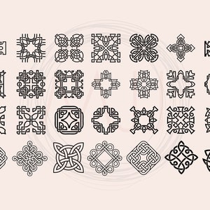 May include: A set of 24 black and white Celtic knot designs. The designs are intricate and detailed, and they would be perfect for use in a variety of projects, such as jewelry, tattoos, or home decor.