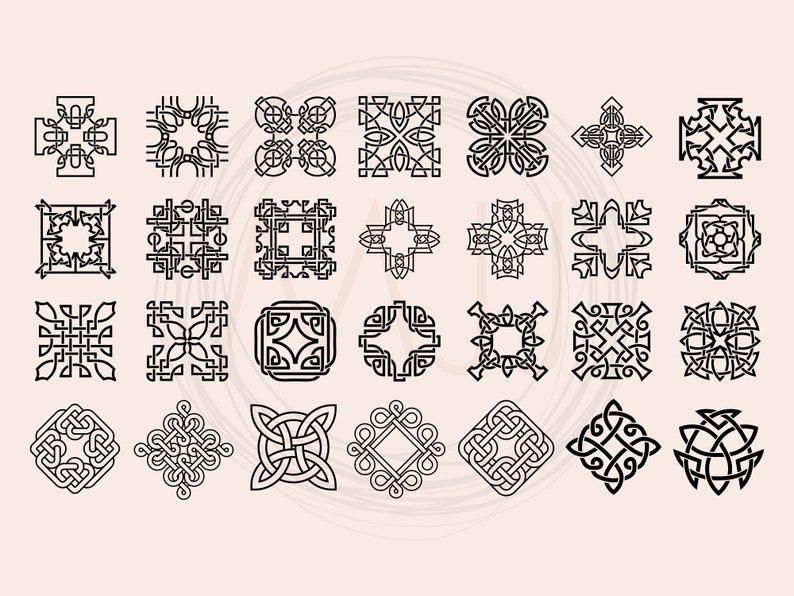 May include: A set of 24 black and white Celtic knot designs. The designs are intricate and detailed, and they would be perfect for use in a variety of projects, such as jewelry, tattoos, or home decor.