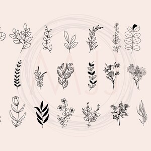 May include: A set of 20 black and white line drawings of various floral and botanical elements. The drawings are simple and elegant, and would be perfect for use in wedding invitations, stationery, or other design projects.