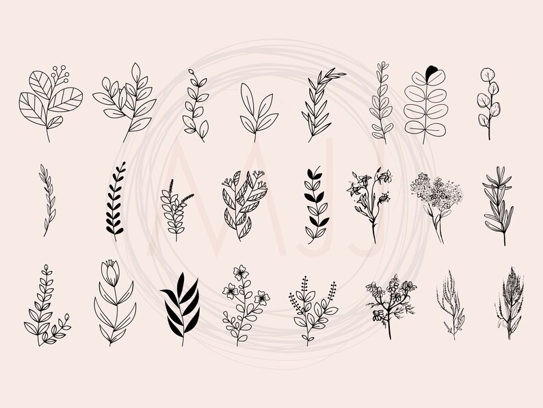 May include: A set of 20 black and white line drawings of various floral and botanical elements. The drawings are simple and elegant, and would be perfect for use in wedding invitations, stationery, or other design projects.