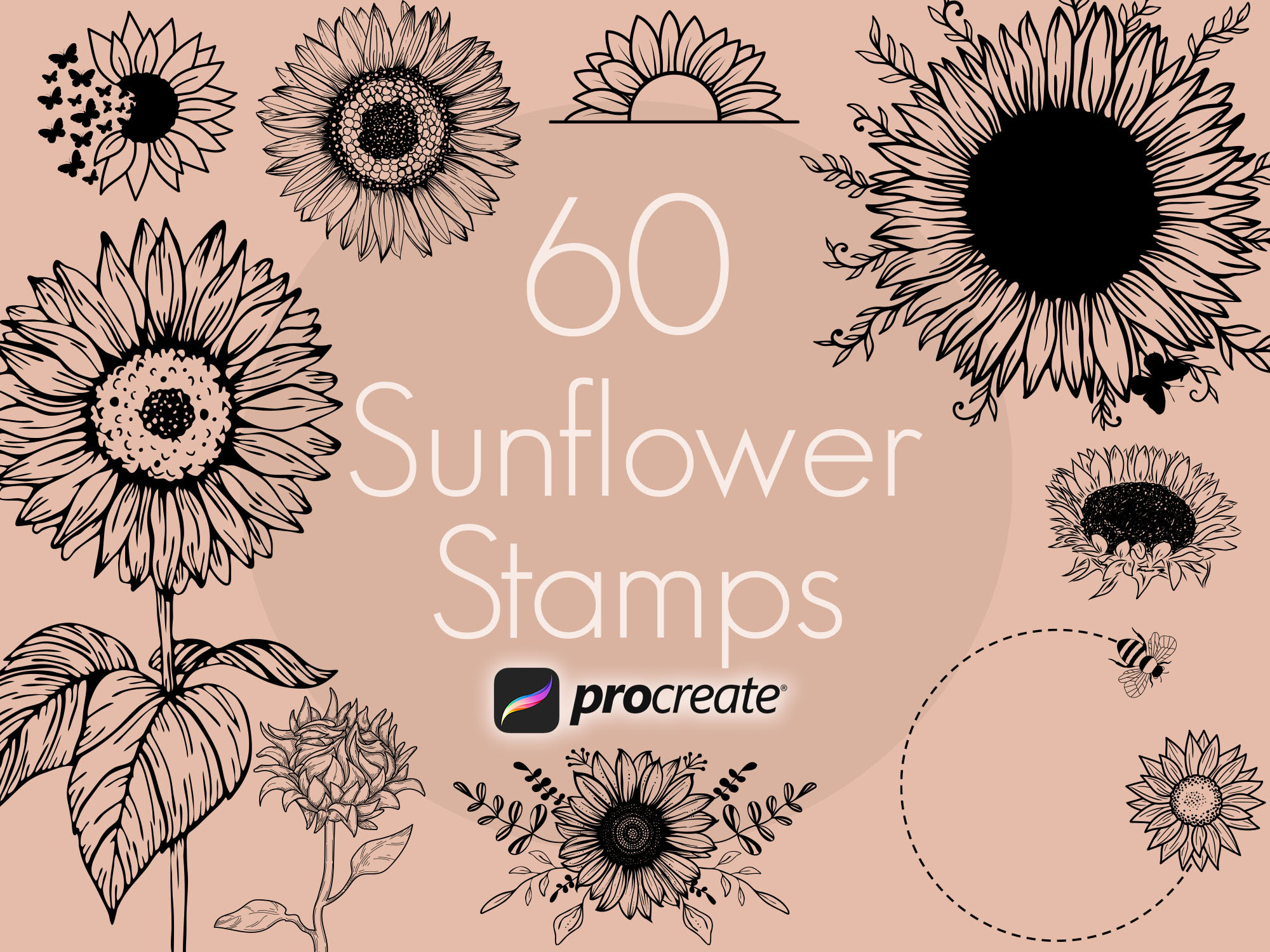 60 Sunflower Procreate Stamps: Tattoo & Wreath Brushes (digital ...