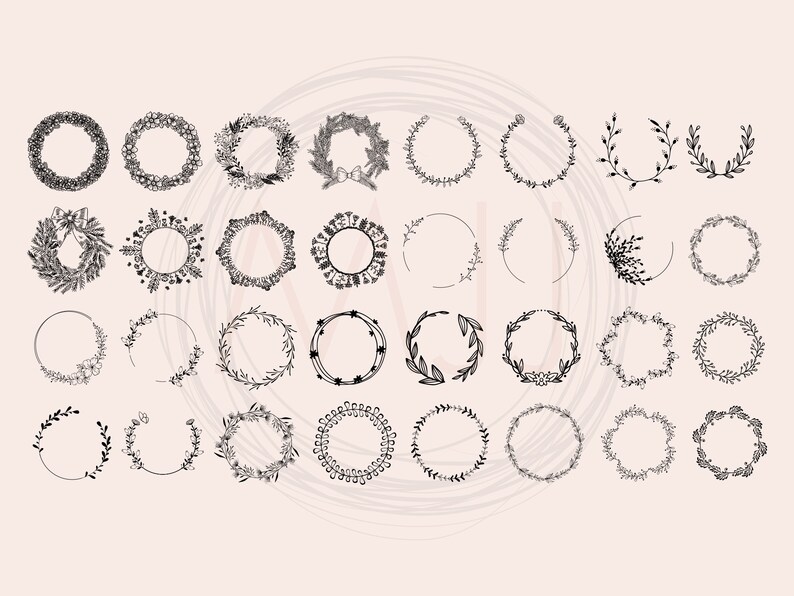 K&ouml;nnte beinhalten: Ein Set mit 30 schwarzen und wei&szlig;en floralen Kr&auml;nzen, perfekt, um Ihren Designs einen Hauch von Eleganz zu verleihen. Diese Kr&auml;nze eignen sich perfekt f&uuml;r Einladungen, Karten und andere kreative Projekte.
