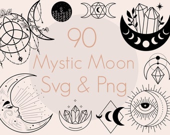 Könnte beinhalten: Ein Set mit 90 schwarzen und weißen mystischen Mond-SVG- und PNG-Digitaldownloads. Die Bilder zeigen Monde, Sterne, Kristalle und andere himmlische Symbole.