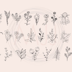 May include: A set of 28 black and white line drawings of various flowers and plants. The drawings are simple and elegant, and would be perfect for use in a variety of creative projects.