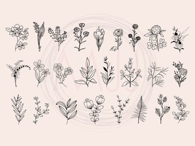 May include: A set of 28 black and white line drawings of various flowers and plants. The drawings are simple and elegant, and would be perfect for use in a variety of creative projects.