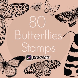May include: A set of 80 black and white butterfly stamps for Procreate. The stamps feature a variety of butterfly designs, including monarch, swallowtail, and moth.