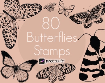 May include: A set of 80 black and white butterfly stamps for Procreate. The stamps feature a variety of butterfly designs, including monarch, swallowtail, and moth.