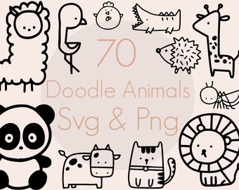 70 Animal Doodle SVG Bundle, Line Art (Digital Download)