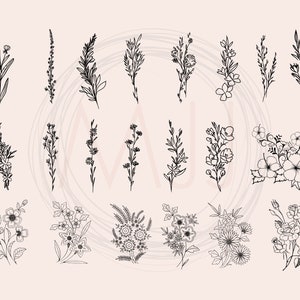 May include: A set of 20 black and white line drawings of various floral arrangements. The flowers are drawn in a simple, elegant style and would be perfect for use in digital or printed projects.