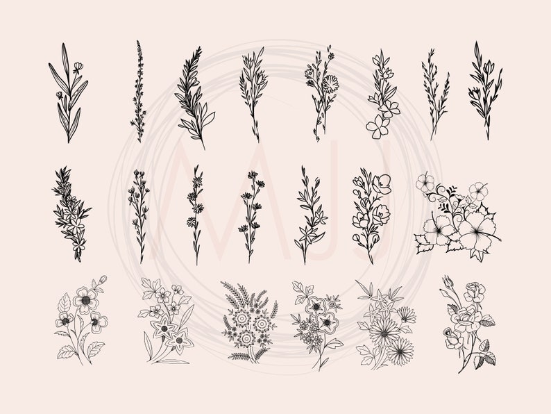 May include: A set of 20 black and white line drawings of various floral arrangements. The flowers are drawn in a simple, elegant style and would be perfect for use in digital or printed projects.