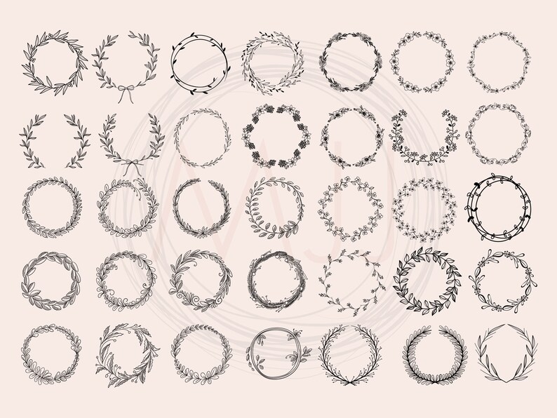 K&ouml;nnte beinhalten: Ein Set mit 36 handgezeichneten Kranzillustrationen in Schwarzwei&szlig;. Die Kr&auml;nze bestehen aus Bl&auml;ttern und Zweigen und eignen sich perfekt, um Ihren Designs einen Hauch von Natur zu verleihen.