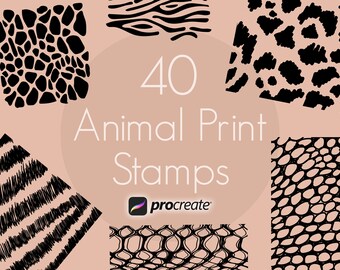 May include: A set of 40 black and white animal print stamps for Procreate. The stamps feature various animal prints, including zebra, leopard, giraffe, snake, and crocodile.
